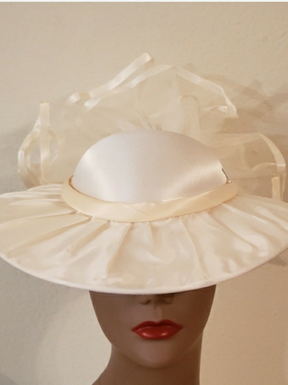 Vintage Satin Ivory Wide-Brim Dress Hat with Organza Trim